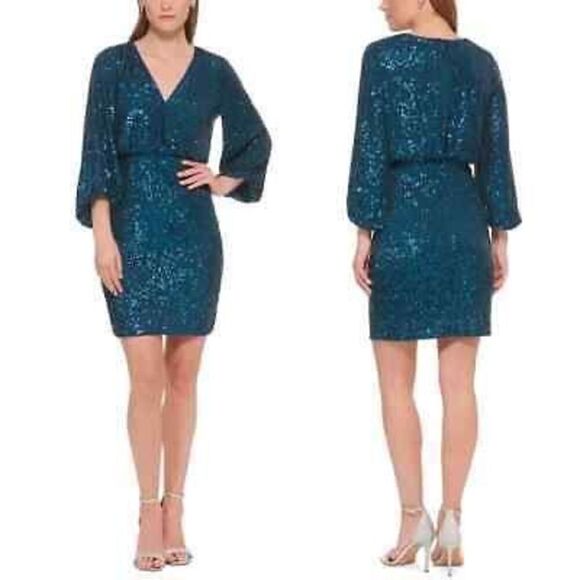 Eliza J Size 4 Statement Sleeve Sequin Cocktail Mini Dress Emerald Green Sparkle - Picture 1 of 14